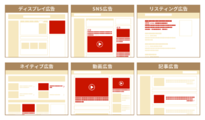 ネット広告の特徴 以下、特にテレビ広告を含むマス広告と比べた時のネット広告の大きな特徴です。 　セグメント項目をもとにターゲティングして広告を配信することで、より広告費用効果を高めることができる 　広告のインプレッション数（表示回数）、クリック数、クリックした後の成果数（CV)などが計測できるので、費用対効果が可視化できる ※成果地点は広告ごとに異なります。（例：EC上での商品購入、資料請求、会員登録、セミナー申し込み、動画視聴完了、アプリダウンロードなど） このように、ネット広告により企業のマーケティング活動がより可視化されより戦略的に取り組めるようになりました。 以下、ネット広告の中で主な10種類についてまとめてみました。 ２．純広告 純広告とは、特定のメディアの広告枠を買い取り、特定の期間掲載する広告手法です。 次のような課金形態があります。 ・インプレッション、PV保証型（表示数を保証） ・期間保証型（掲載期間を保証） ・クリック保証型（クリック数を保証） ・配信数保証型（配信・露出数を保証） バナー広告（ディスプレイ広告） （画像：Yahooブランドパネル） バナー広告（ディスプレイ広告）とは、サイト上に貼られた画像広告を指します。有名なのは、Yahoo!の「ブランドパネル」です。 ・インプレッション数、クリック数を報告してもらうことが多い（計測ツールを導入することで、成果数（CV)を計測することも可能） ・出稿先により入稿規定（画像サイズ、画像容量、ファイルタイプ、画像内に主催者情報を入れるか否か）が異なるので入稿の際に注意が必要 メール広告 メール広告とは、電子メールで配信される広告の事です。 ・テキストメールとHTMLメールがある ・HTMLメールは画像などの挿入、は開封チェックも可能 ・広告の形式としては、メルマガの中に数行で広告を入れる場合と、単独で配信される１社独占の場合がある 純広告のメリットデメリット 【メリット】 ・Yahoo!のような大手メディアに掲載することで大量露出し、ブランディング効果が見込める ・不特定多数のユーザーに向けて発信することで、その商品・サービスに興味がない層にもリーチできる 【デメリット】 ・成果報酬型ではないので、費用対効果が悪くなる場合がある ・大手メディアの場合、最低出稿金額が高い場合（数百万円～）がある